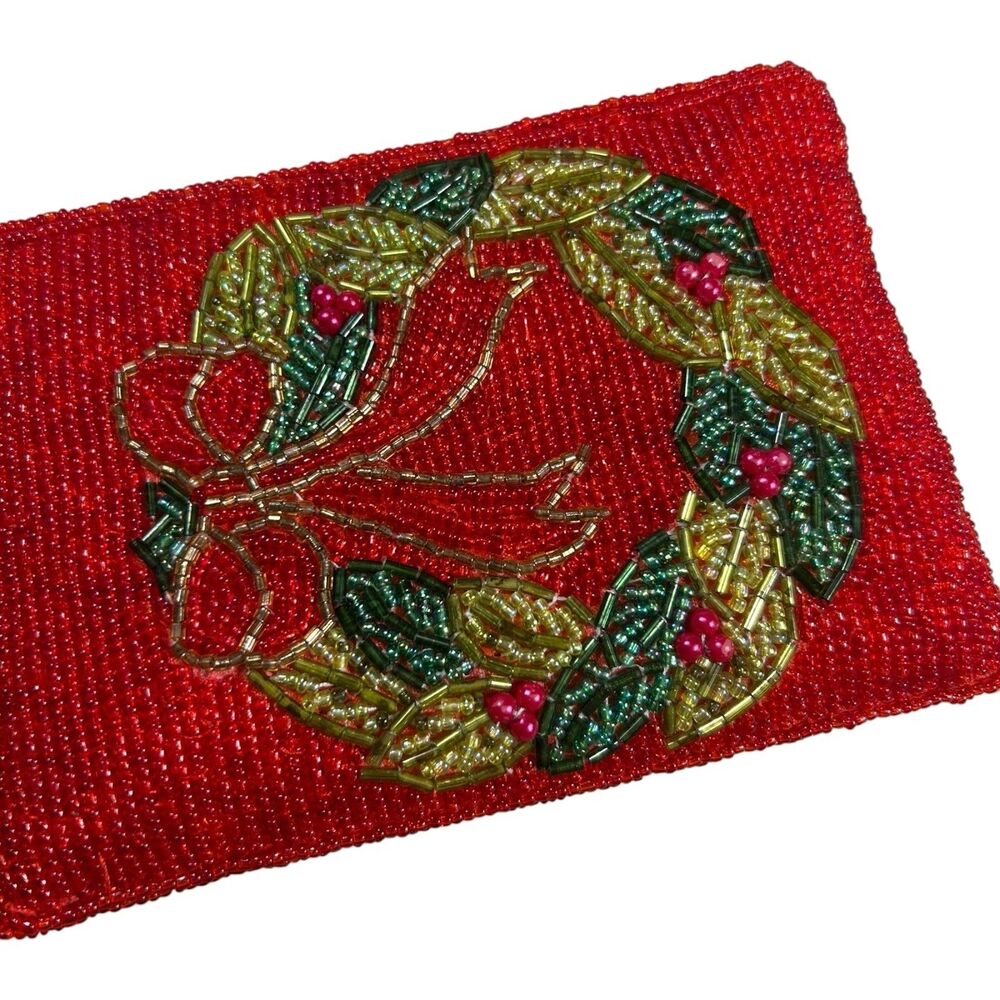 Red Beaded Christmas Wreath Wristlet Clutch Bag Holiday - Picture 2 of 5